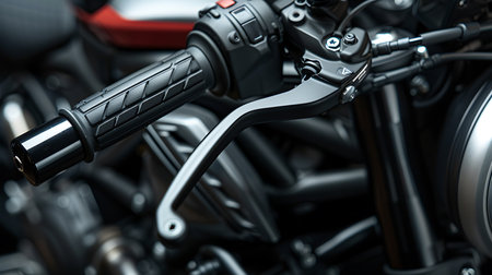 A detailed shot of a motorcycles handlebars and brake lever, showcasing the intricate design of the motor vehicles controls and accessoriesの素材