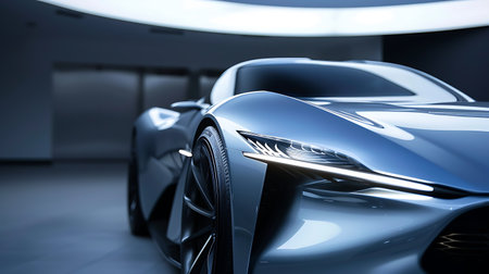 A sleek blue vehicle with shining wheel, tire, hood, grille, and headlamp is parked in a garage under bright automotive lighting, showcasing intricate automotive designの素材