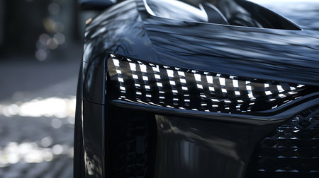 A detailed shot of the headlight of a sleek black car, showcasing its automotive lighting and modern automotive design on a streetの素材