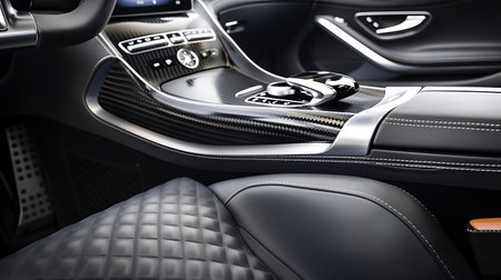 A close up of the interior of a car showcasing the steering wheel and dashboard. The vehicle is a midsize car with a sleek automotive design and a spacious center consoleの素材