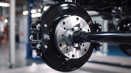Detailed shot of a cars alloy wheel and brake system inside a garage, showcasing automotive design and exterior features of the vehicleの素材