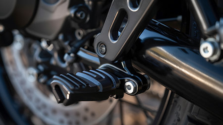 A detailed shot of a motorcycles foot pegs and brake disc, showcasing the intricate design and functionality of the vehicles braking systemの素材