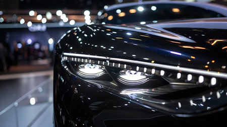 A closeup view of a cars headlamps shining brightly at night, highlighting the sleek automotive exterior design. The grille, hood, and tires of the vehicle are subtly visible in the backgroundの素材