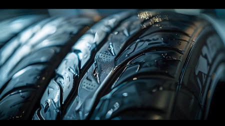 A closeup of a pile of automotive tires with intricate tread patterns, creating a captivating art piece in electric blue on a dark backgroundの素材