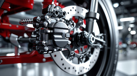 A detailed shot of a motorcycle brake disc inside a garage, surrounded by sports equipment and bicycle tiresの素材