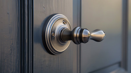 A closeup of a door handle on a wooden door, with a latch and deadbolt visible. This household hardware fixture is essential for entering and exiting a gas homeの素材