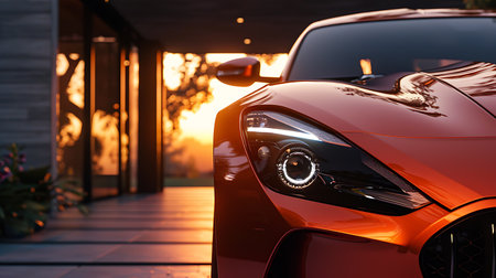 A sleek orange sports car is parked in front of a house, illuminated by the setting sun. The vehicles unique automotive design and bright color stand out against the evening skyの素材