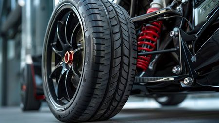 A close up of a tire on a car with a vibrant red shock absorber showcasing automotive design and the use of synthetic rubberの素材