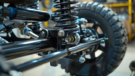 A closeup of a motorcycle wheel with suspension and tire in a garage, showcasing automotive design and sports equipmentの素材