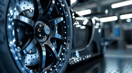 A closeup of an alloy wheel with a sleek rim and intricate tread design, illuminated by automotive lighting in a garage settingの素材