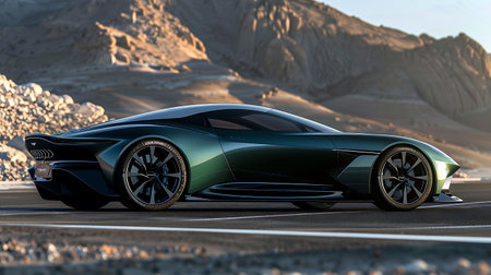 A green sports car is parked on the side of the road, showcasing its sleek automotive design, alloy wheels, and vibrant automotive parking lightsの素材