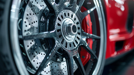 A detailed shot showcasing a car wheel with a brake disc mounted on it, highlighting automotive design and the importance of tire and wheel features in a vehicleの素材