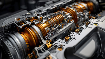 A detailed view of a metal machine featuring numerous gears, showcasing precision engineering and intricate electronic componentsの素材