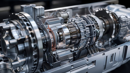 A detailed image of a metal gearbox displayed on a sleek black surface, showcasing intricate engineering design in automotive machineryの素材
