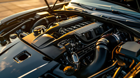 An upclose view of a car engine with the hood open, showcasing the intricate components of the vehicles motor systemの素材