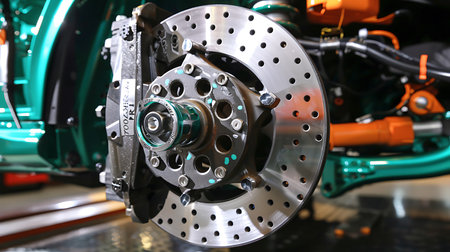 A closeup of a disc brake on a motor vehicle showcasing automotive design and engineering of the alloy wheel and brake systemの素材