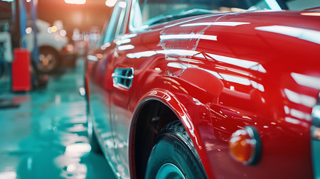 A detailed shot showcasing the red car parked inside a garage. The closeup captures the vehicles hood, automotive design, lighting, wheels, exterior, fenders, and tiresの素材