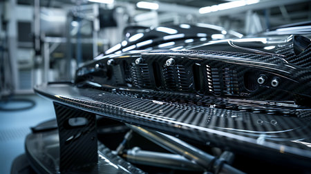 A detailed view of a car engine under the hood in a factory setting. The automotive lighting, grille, bumper, and tires showcase the intricate automotive design and engineering using metal componentsの素材
