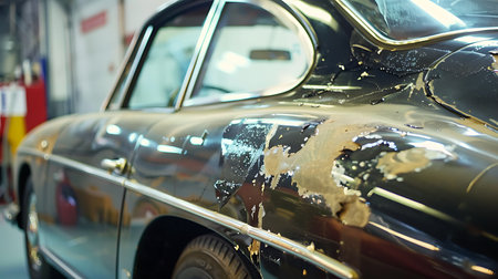 A black personal luxury car with peeling paint is parked in a garage, its wheels, tires, and automotive exterior showing signs of deteriorationの素材