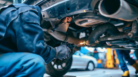 A man is working underneath a car in a garage, inspecting the vehicles underside while a light illuminates the automotive tire. The car is a motor vehicle with automotive designの素材