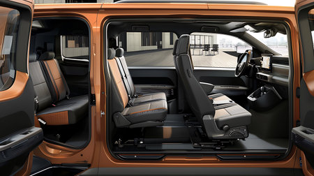 The interior of a van with open doors and folded seats showcases a versatile vehicle design, ready for various hauling tasks and adventuresの素材