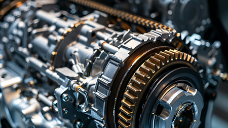A closeup of a gearbox, an essential automotive part located in the engine of a motor vehicle, showcasing intricate metal gears and engineering precisionの素材