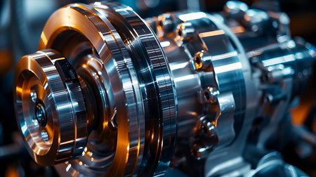 A detailed closeup of a metal gear on a machine, showcasing intricate engineering and precision. The gear resembles a circle made of sturdy steelの素材