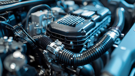 An upclose view of an electric blue car engine with the hood open, showcasing a mix of auto parts, circuit components, and electronic engineeringの素材