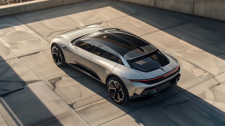 A sleek silver electric vehicle is parked in a lot, displaying its alloy wheels and shiny hood under the bright automotive lightingの素材