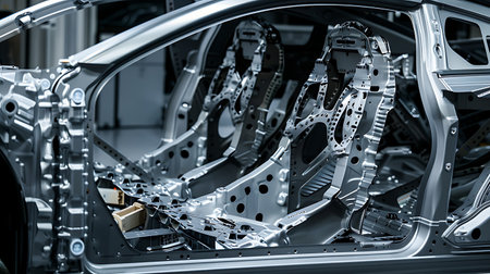 A vehicles interior is assembled at a factory, including features like doors, mirrors, lighting, tires, hood, windshield wipers, and exterior designの素材