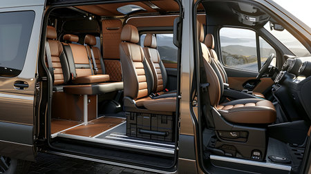 The inside of a van with the doors open reveals brown leather seats, creating a luxurious interior within the motor vehicleの素材