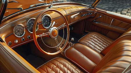 A classic car with brown leather seats, a wooden steering wheel, and a luxurious center console exudes vintage charm in its interior designの素材
