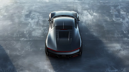 A sleek black vehicle with four tires and a stylish design is parked on a concrete surface, showcasing its automotive exteriorの素材
