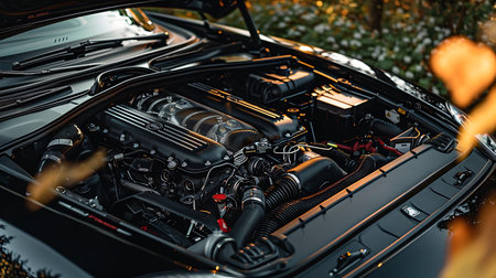 Closeup view of a car engine visible with the hood open, showcasing automotive design features such as lighting, rims, bumper, and vehicle doorの素材