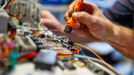 An individual is engaged in repairing a circuit component on a computer using a screwdriver. This task falls under electronic engineering and involves working with electronic devices and componentsの素材