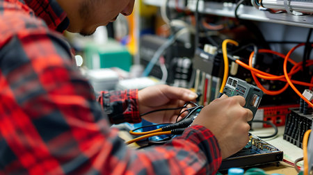 An electrical contractor in a plaid shirt is wiring a machine while working on a computer. He is an expert in electronic engineering and is selling audio equipment at an eventの素材