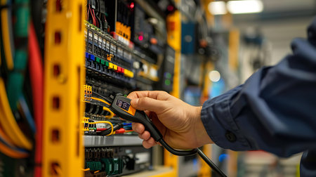 A technician is performing maintenance on a server in a server room, managing the electrical wiring and electronic components to ensure proper functioning of the machineの素材
