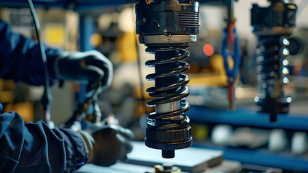 An engineering man is working on a spring for an automotive tire in a factory. The machine is used to shape the auto part before it is fitted onto the rimの素材