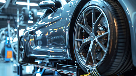 A vehicle is parked on a lift inside a garage, with its wheels, tires, and alloy wheels visible. The automotive lighting and design of the car can be seen, along with the hood and tread of the tiresの素材