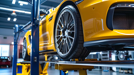 A yellow car is parked on a lift in a garage, with its tires, wheels, and automotive design on display. The vehicles hood and automotive lighting can be seenの素材