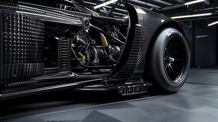 A sleek black vehicle with alloy wheels is parked in a garage, showcasing its modern automotive design and powerful presenceの素材