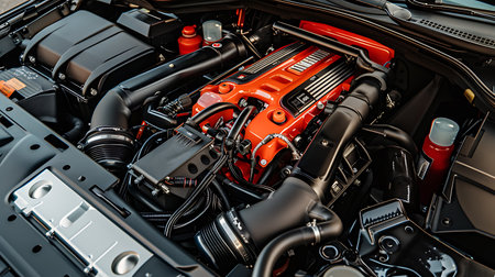 A detailed shot of a vehicle engine under the open hood, showcasing automotive design and engineering with components like the air manifold and fuel system visibleの素材