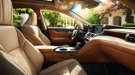 A vehicle with tan leather seats, a steering wheel, and car seat covers. The interior of a personal luxury car adorned with luxury fixturesの素材