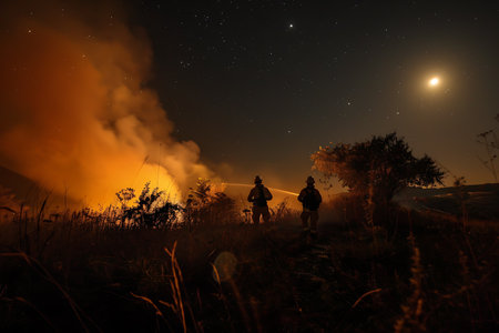 Under the moonlit sky, two firefighters are battling a hazardous fire, spraying water to contain the roaring flames and prevent pollution in the atmosphereの素材