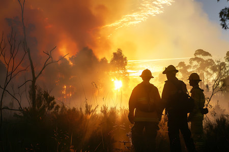 A group of firefighters standing by a hazardous fire at sunset, illuminated by the orange sunlight. The smoke clouds mix with the polluted sky, as heat rises from the burning treesの素材