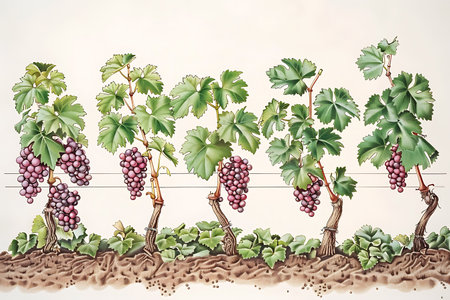 A painting showcasing a lush vine with grape clusters. The composition includes terrestrial, woody plants and shrubs in a vibrant landscape patternの素材
