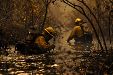 Witness the courage of firefighters as they crawl through a swampy forest terrain, determined to extinguish a raging fire and protect the wilderness.の素材