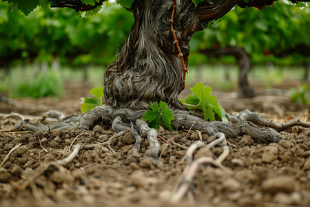 A close-up of an old, gnarled grapevine trunk, surrounded by rich soil and young green leaves, showcasing the contrast of age and renewal in a vineyardの素材