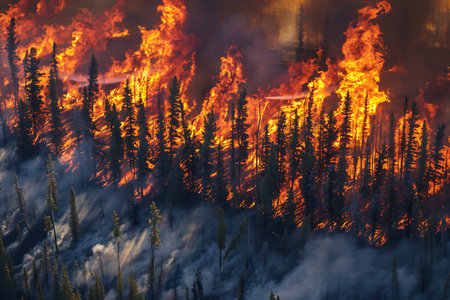 A dramatic scene of a wildfire, with towering flames and smoke engulfing a dense forest, illuminating the dark atmosphere with an ominous glowの素材