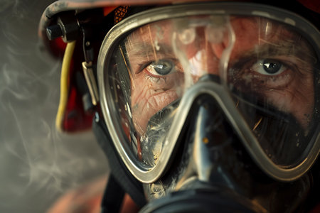 A closeup of a fireman with a gas mask protecting his head and eyes. He smiles confidently while wearing his helmet and personal protective equipmentの素材